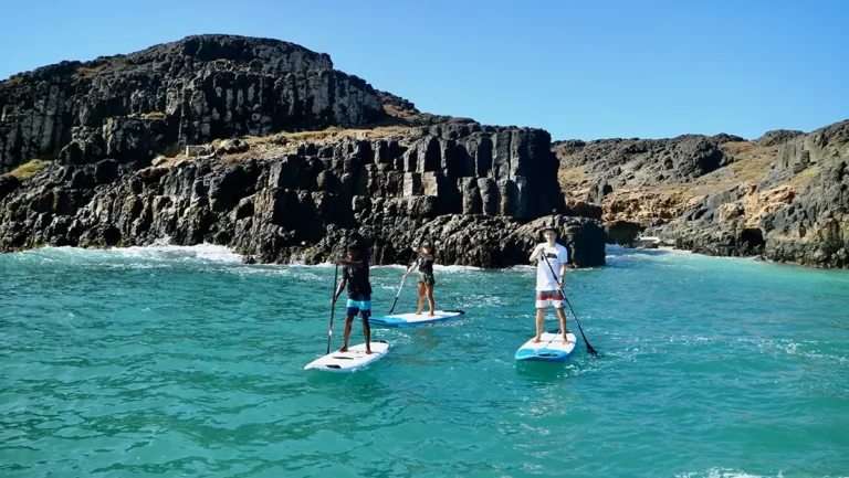 3 stand up paddler in front of cliffs